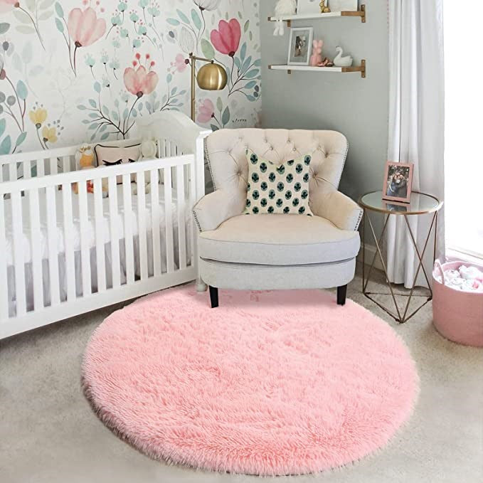 Whispers of Wonderland - Elevate Playtime with our 6ft Round Pink Fluffy Soft Area Rug for Kids