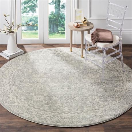 Evoke Silver/Ivory 3 ft. x 3 ft. Round Floral Speckles Distressed Area Rug