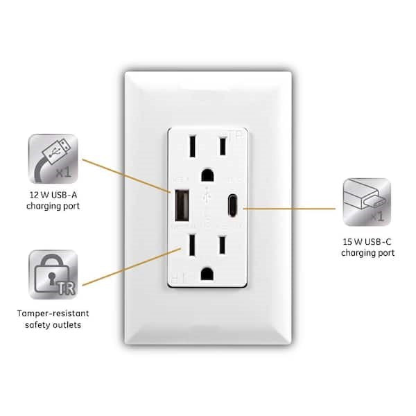 1 USB-A 1 USB-C In-Wall 2-Outlet 2-USB Receptacle, White
