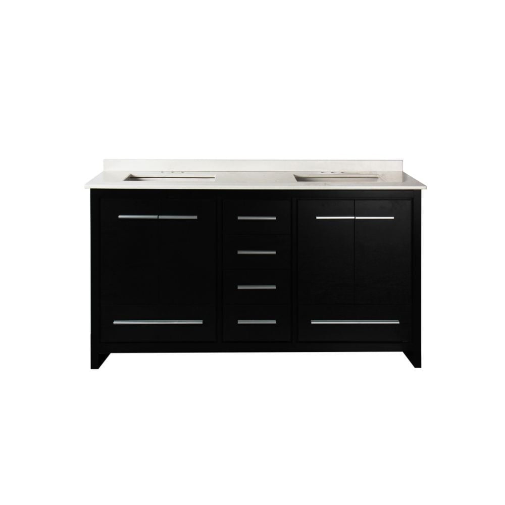 6-Drawer 4-Door Vanity, Black With Artificial Stone Top in White, Double Basins