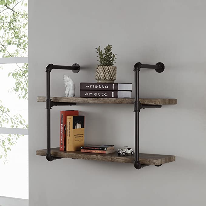 Urbanne Aged 2-Tiered Wood Print MDF and Metal Pipe Floating Wall Shelf