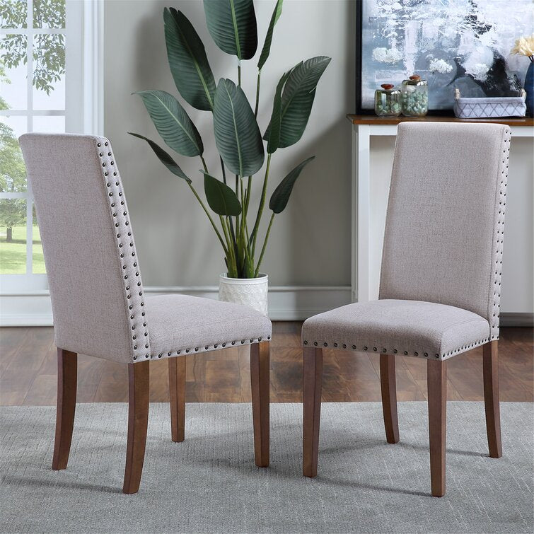 Upholstered Dining Chairs with Copper Nails and Solid Wood Legs (Set of 2)