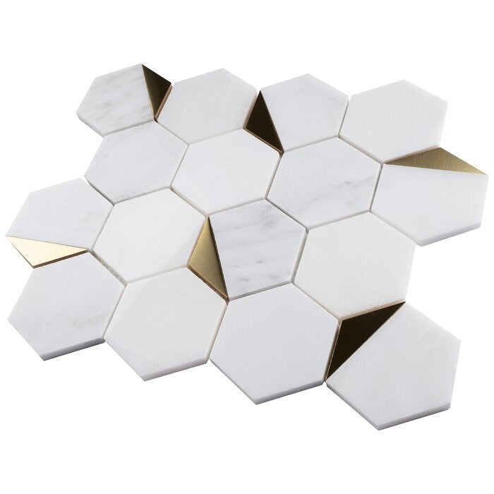 White/Gold Natural Bianco 3" x 3" Marble Honeycomb Mosaic Wall Tile