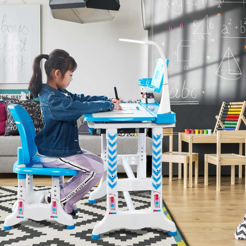 Kids Height Adjustable Desk And Chair Set With Desk Lamp