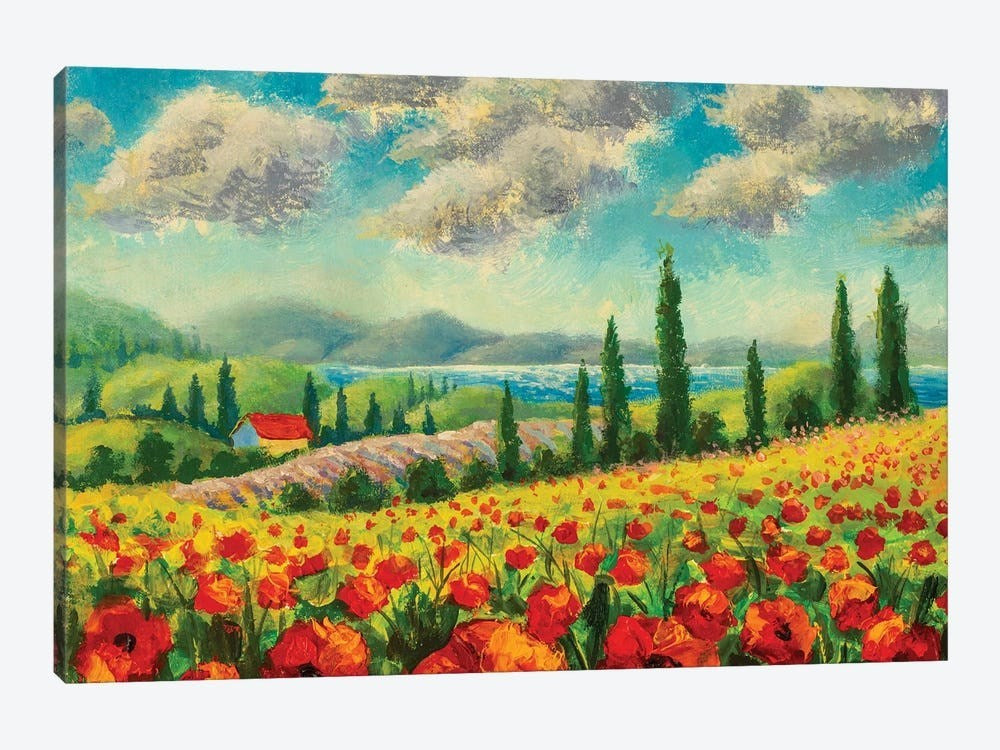 Landscape Painting of Poppies Flowers with Golden frame