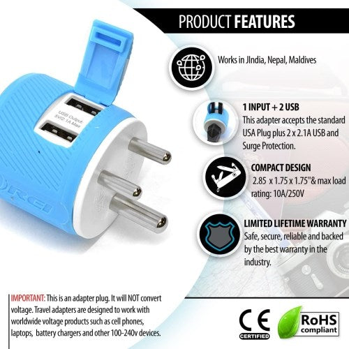 India, Nepal Travel Adapter - 3 In 1 - 2 USB - Type D - Compact Design
